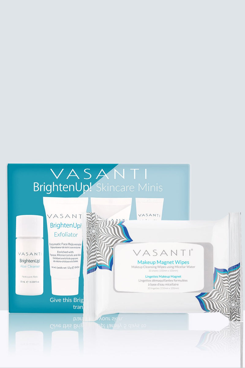 Vasanti Brighten Up! Skincare Minis and Vasanti Makeup Magnet Wipes - Front Shot